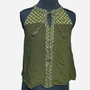 Chloe K Top Womens Small Olive Green Boho Smocked Halter Drawstring Tassels Y2k